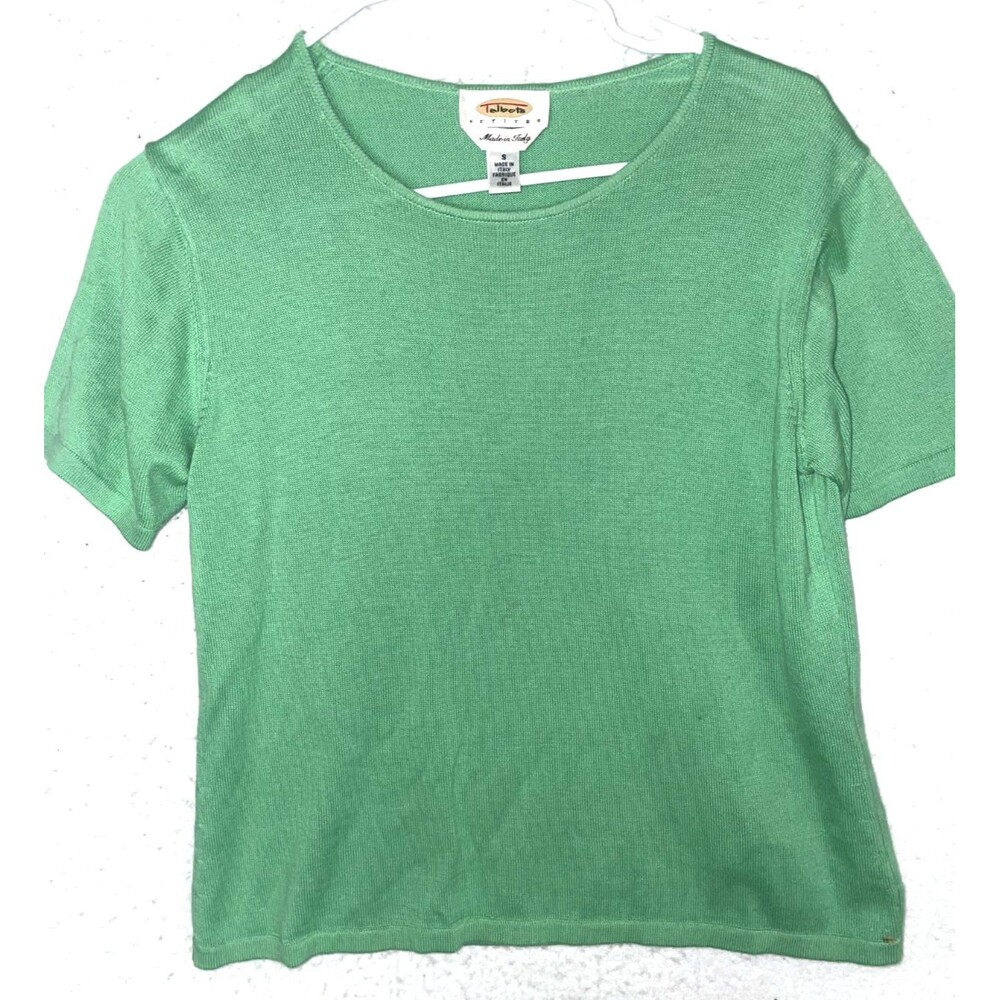 Talbots Petites 100% Cotton Short Sleeve knit top sweater Sz S Green Italy made
